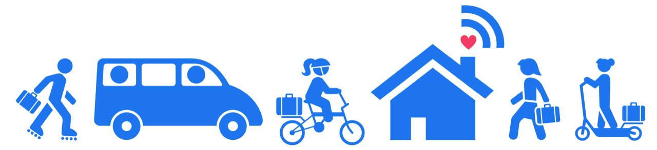 Illustrations of people commuting in various ways including roller skating, van pool, biking, working from home, walking, and riding a scooter. 